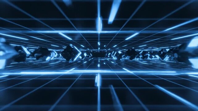 Abstract digital tunnel with glowing blue neon grid lines and floating geometric shapes, creating a sense of depth and movement in a virtual cyberspace environment