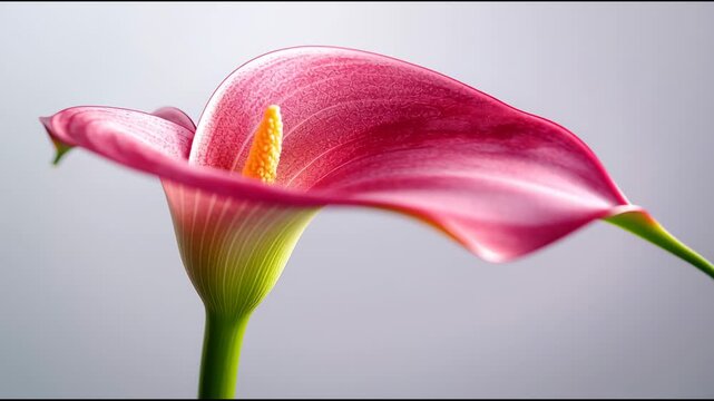 Close-up view of a pink calla lily flower showcasing its elegant petals and vibrant yellow stamen against a soft gradient background in a serene indoor setting