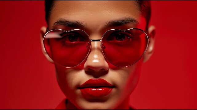 Female model with heart-shaped red sunglasses and bold red lipstick poses against a solid red background, showcasing a striking visual style and confident expression