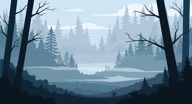 Minimalist Blue Forest Landscape with Foggy Pine Trees and Mountain Silhouette