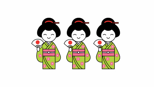 Japanese Geisha Girls Illustration wearing Green Kimono with Fans