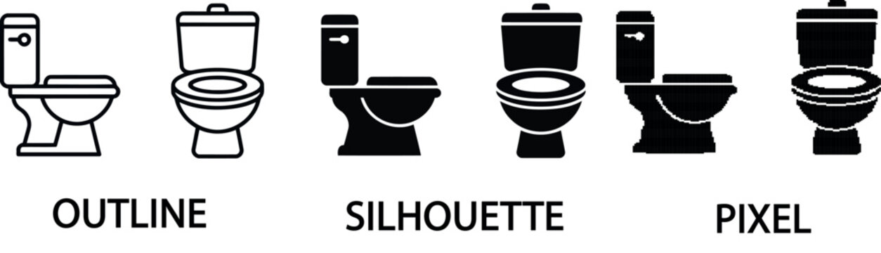 Minimalist black and white toilet commode icons in various styles on transparent background