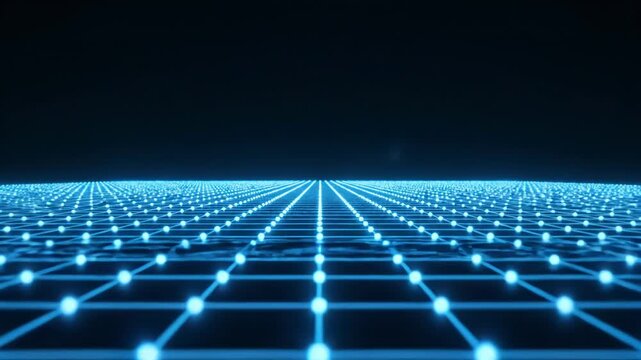 Futuristic blue digital grid floor with glowing light nodes, representing a virtual landscape, data visualization, or cyberspace environment