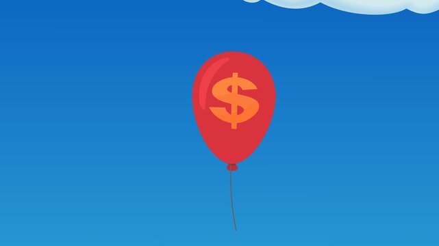 Visualizing economic inflation and wealth growth with a red dollar balloon rising through a blue sky with clouds. (loopable)