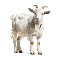 Fototapeta premium A white goat with curved horns and a collar stands on a plain background