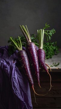 Freshly picked purple carrots with green tops on a rustic wooden table