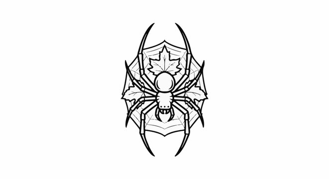 Detailed black and white illustration of a spider on a web with leaves