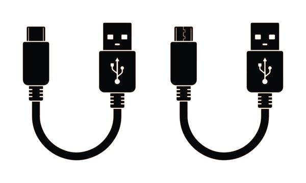 Black USB cable vector icons, Type-C and Micro USB charging cord silhouettes, universal serial bus connector set for technology hardware design