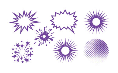 Purple comic speech bubbles and explosion set, 7 vector pop art elements, halftone dots and starburst shapes for graphic design © Asma