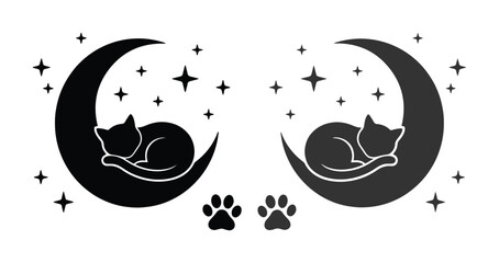 Celestial cat silhouette vector, sleeping kitten on crescent moon with stars, mystical feline pet illustration, black cat moon art © Asma