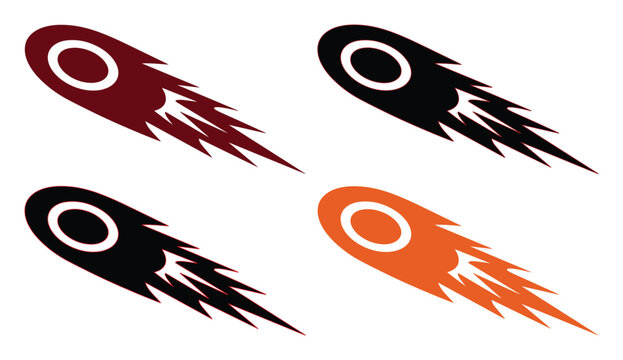 Stylized comet mascot logo set, flying meteor with fire trail icons, dynamic falling asteroid vector graphics in black, red, and orange