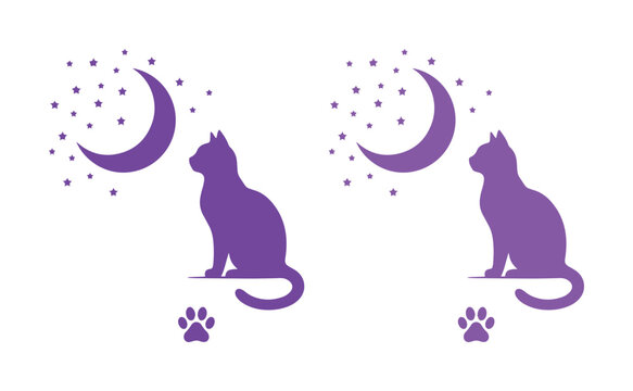 Purple cat silhouette vector with crescent moon and stars, mystical feline pet illustration, celestial night sky animal graphics for decals