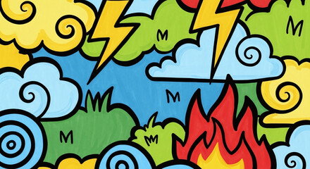 Naklejka premium Vibrant cartoon illustration of weather icons including lightning, clouds, and flames in a colorful scene.