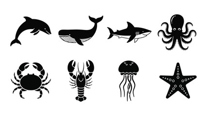 A collection of marine life illustrations featuring a dolphin whale shark octopus and other sea creatures silhouette high quality professional detailed © SILHUETTECHEMBER