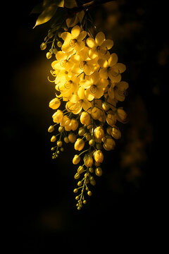 Golden shower kanikkonna flowers hanging from a branch against dark background for traditional vishu celebration marking the auspicious start of new year and hindu festivals