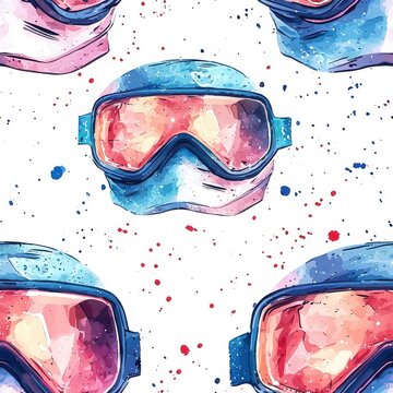 Watercolor style seamless pattern of ski goggles, isolated on a white background, providing a soft and artistic feel.