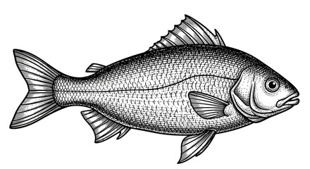 Fototapeta premium A detailed black and white illustration of a single fish, showcasing its scales, fins, and tail in a realistic style.