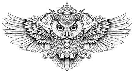 Fototapeta premium Intricate black and white illustration of an owl with spread wings and ornate decorative elements.