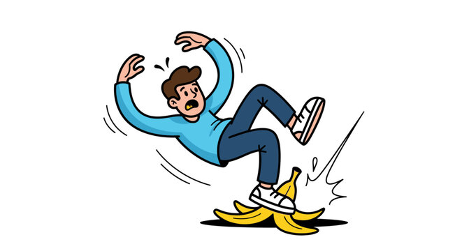 A cartoon man slips and falls dramatically on a discarded banana peel on the ground, with his arms flailing and a look of surprise on his face.