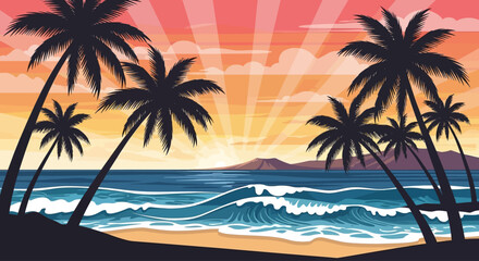 Obraz premium Silhouette of palm trees against a vibrant sunset over a tropical ocean with gentle waves lapping the shore.
