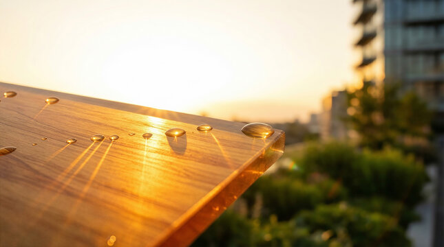 Purely polished transparent Ochroma pyramidale polymer sheet catching intense golden hour sunset and microscopic dew droplets in eco garden