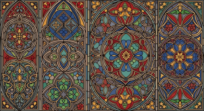 Intricate Gothic stained glass window panels featuring vibrant geometric patterns and floral motifs in red, blue, and green hues.