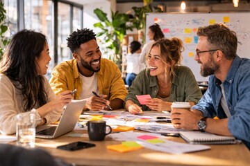 Obraz premium Diverse creative team collaborating around table with sticky notes laptops and ideas in modern office promoting teamwork innovation productivity communication