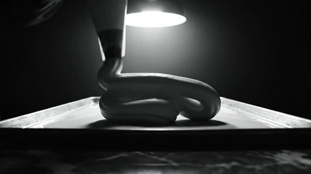 Black and white video of a pastry chef using a piping bag to create a decorative dessert shape on a baking sheet