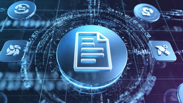 Abstract digital interface with a central document icon surrounded by various tech symbols on a dark blue grid background, representing data management and cloud computing