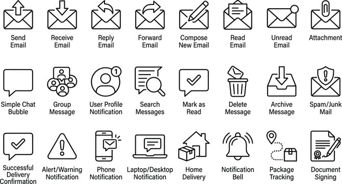 Email and Messaging Line Icon Set Featuring Send, Receive, Reply, Notifications, Chat, Spam Filter, Delivery, User Profile, and Communication Interface Symbols