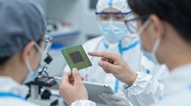 Male and female workers in protective clothing inspecting silicon wafers while looking at a tablet in a semiconductor factory