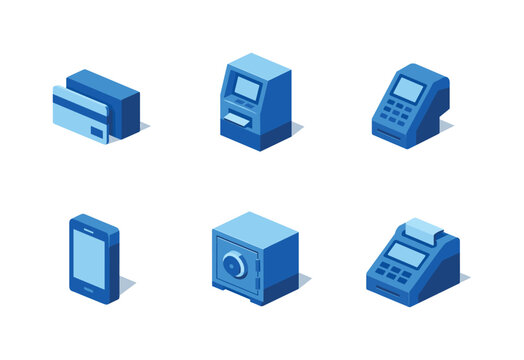 Isometric blue payment and banking device icons set including card reader, ATM terminal, POS machine, smartphone, safe box, and receipt printer