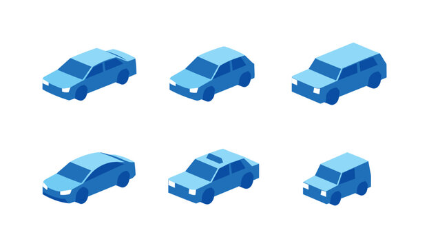 Set of six blue isometric cars in different body styles, including sedan, hatchback, wagon and van, shown as simple vector transport icons