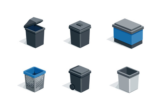 Set of six isometric waste and recycling containers with lids, including trash bins, wheeled garbage can, and mesh office basket in blue and gray