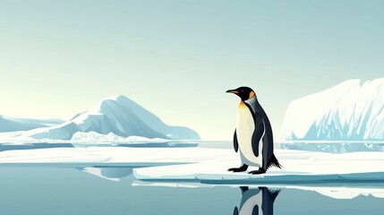 Obraz premium Penguin standing on ice with reflection in water beneath a clear sky