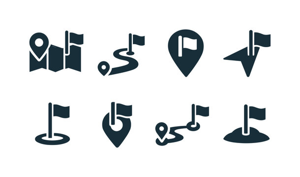 Minimal navigation marker icon set featuring location pins with flags, route paths, and destination symbols for mapping and wayfinding interfaces