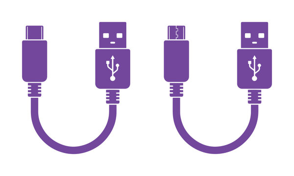 Purple USB cable vector icons, Type-C and Micro USB charging cord set, universal serial bus connector symbols for technology and hardware design