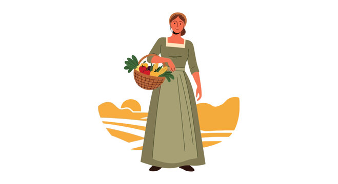 Woman in historical dress holding basket of fresh produce, harvest, rural background