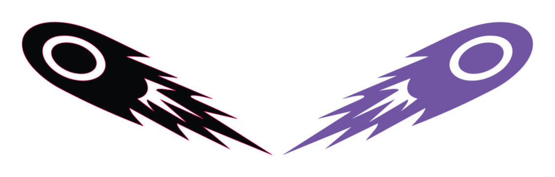 Stylized comet vector icons, black and purple falling meteor silhouettes with flame trails, celestial space object graphic elements for logos