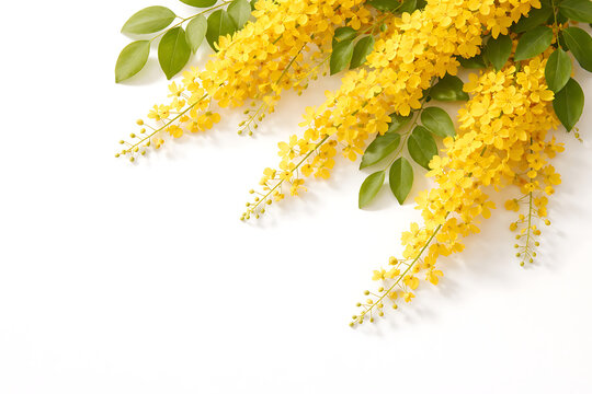 Fresh yellow cassia fistula flowers with green leaves on white background for decorative use during vishu and malayalam new year and several significant hindu festivals