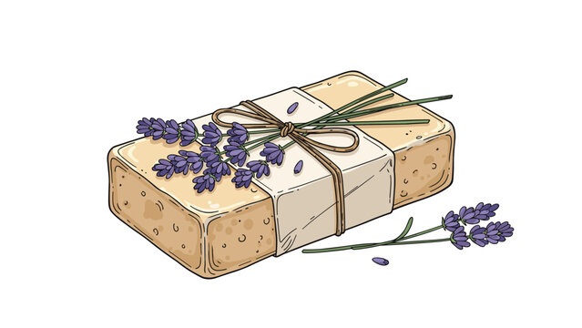Handcrafted natural soap bar wrapped in paper and tied with twine decorated with fresh purple lavender flowers and stems.