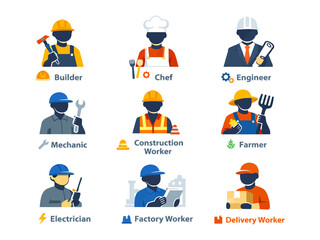 Fototapeta premium Icons of Craft and Labor: A vibrant assortment of icons represents various professions, showcasing the diversity of skilled trades and essential workers in the community.