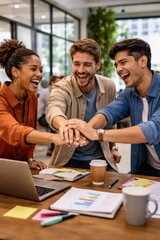 Business team stacking hands together symbolizing teamwork unity collaboration success office environment