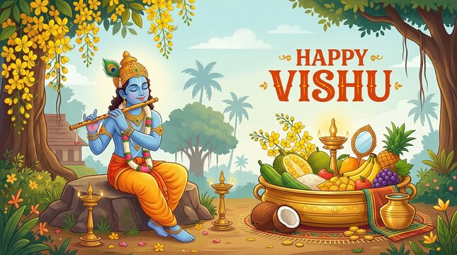 Happy vishu greetings. fruits decoration bowl. Kerala vishu festival vishukkani design. Creative vector illustration.