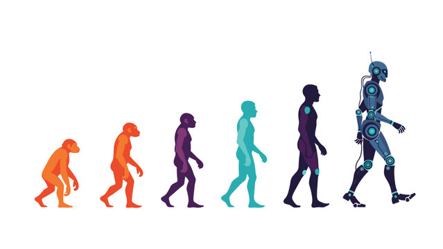 Conceptual illustration showing the evolution of man from a primate to a modern human and finally to a high-tech robotic humanoid.