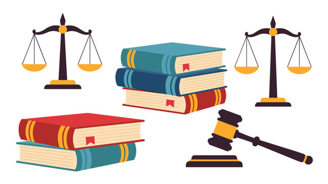 Collection of law related objects including a judge's gavel, scales of justice, and stacks of legal books representing the judicial system.