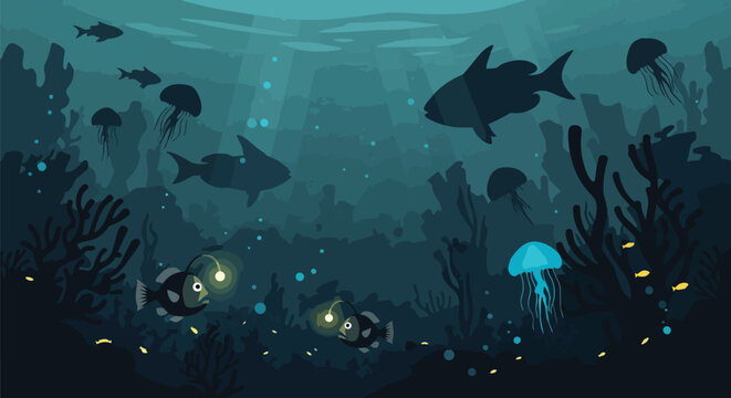 Deep Sea Underwater Landscape with Bioluminescent Fish and Jellyfish Silhouette