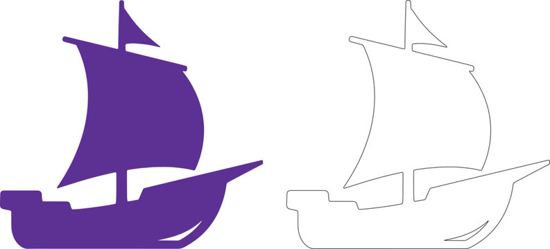 Purple and black outline pirate ship silhouettes sailing