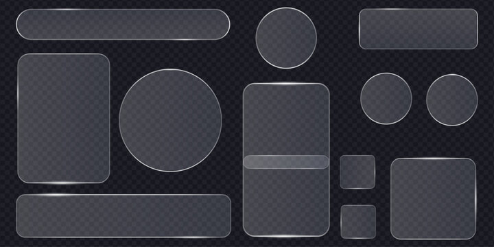 Glassmorphism user interface elements with transparent frosted panels and icons with subtle glares and reflections, modern glass plates for digital dashboards, elegant glossy web components.