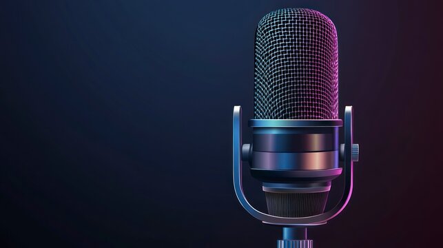 Professional microphone on stand with colorful illumination against dark background